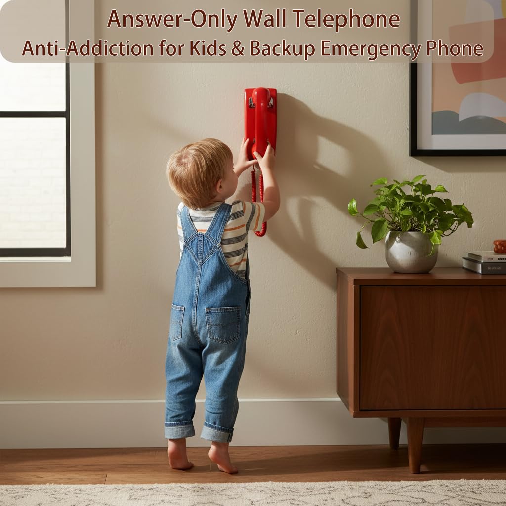 HTMengt No Dial Wall Phone for Elderly Dementia, No Dialpad Wall Telephone for Older,Incoming Calls Only Wall Phones for Senior, 2554 Wall Telephone without Keypad for Memory Care,Home,Bar,Garage, Red