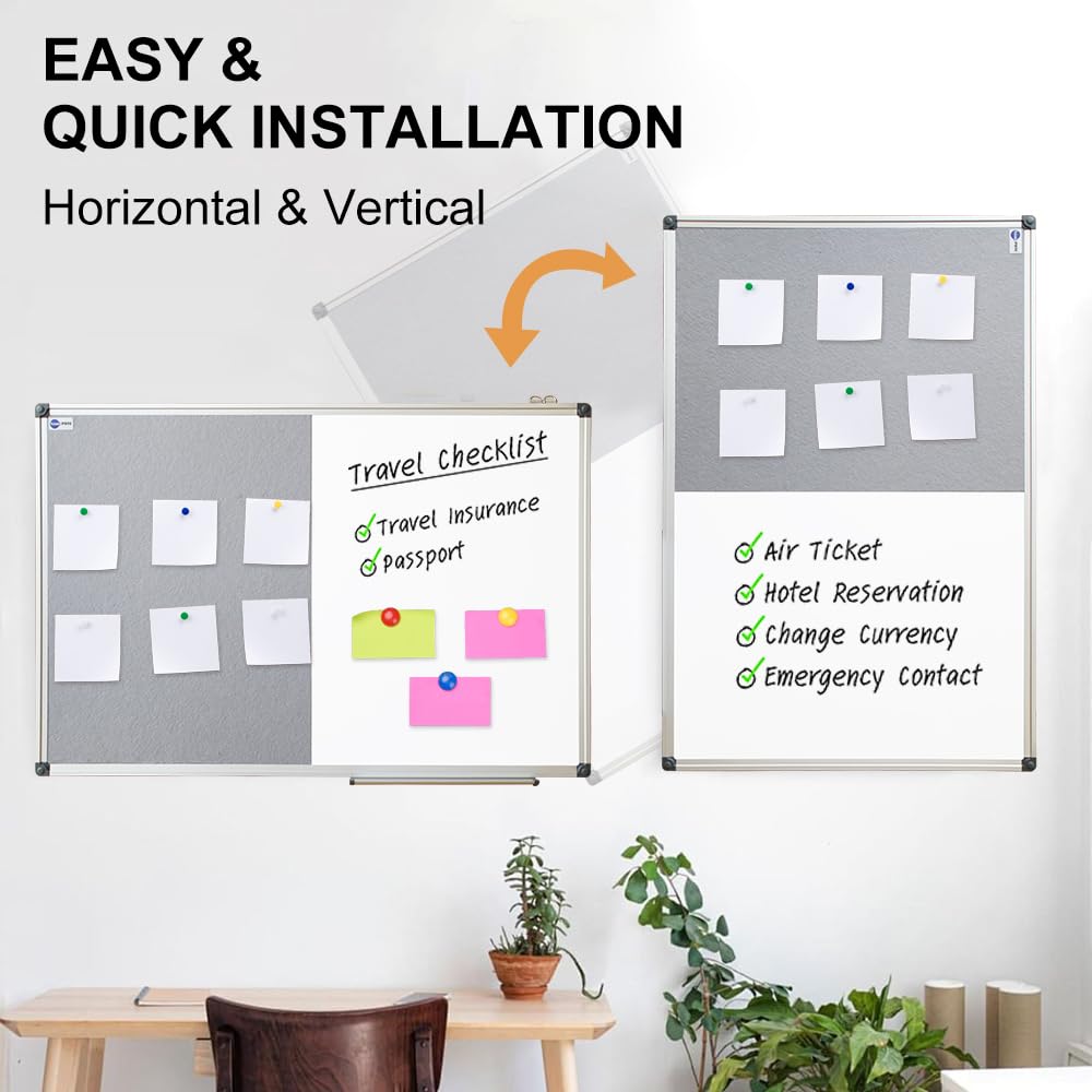 NEWPUTE White Board and Cork Board Combo - 36 x 24 Inches Large Dry Erase Whiteboard and Bulletin Board, Magnetic Wall Pin Display Board for Home, Classroom & Office, 24"x36" Grey
