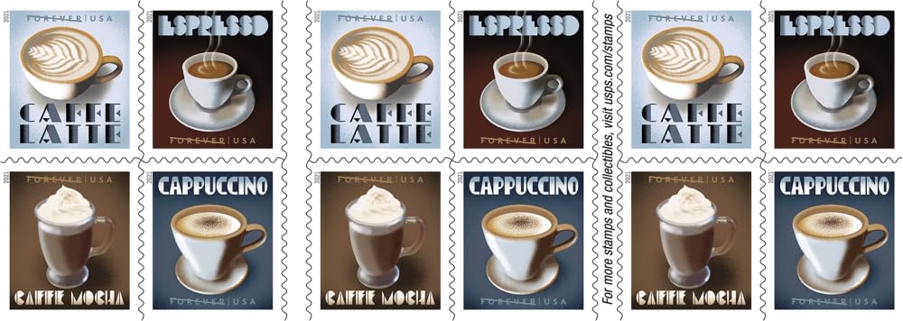 USPS Espresso Drinks First Class Forever Postage Stamps 2 Books of 20 Coffee Caffe Latte Cappuccino Birthday Anniversary Wedding Celebrate (40 Stamps)