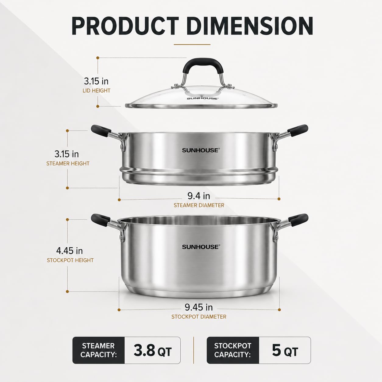 SUNHOUSE Stainless Steel Steamer Pot for Cooking - 5 QT Steaming Pot with Glass Lid & Steamer Basket - 2 Tier Tri-ply Vegetable Steamer with Stay-Cool Silicone Handles - Induction Compatible