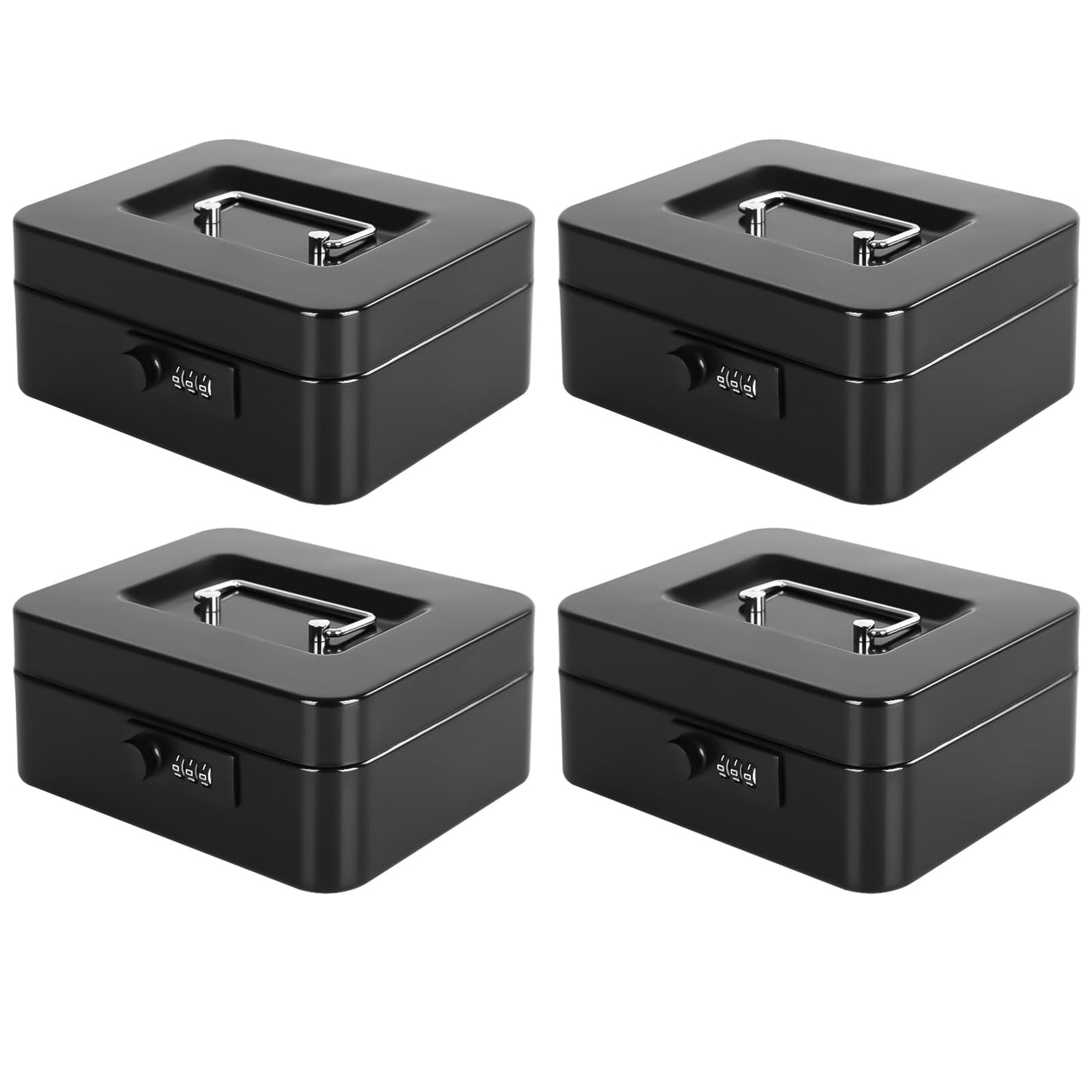KYODOLED Metal Cash Box with 3-Digit Combination Lock & Money Tray - Secure Safe for Home, Office & Events, Ideal for Cash, Meds & Small Items, 7.87" x 6.30" x 3.35", Black, Cold-Rolled Steel, 4PACK