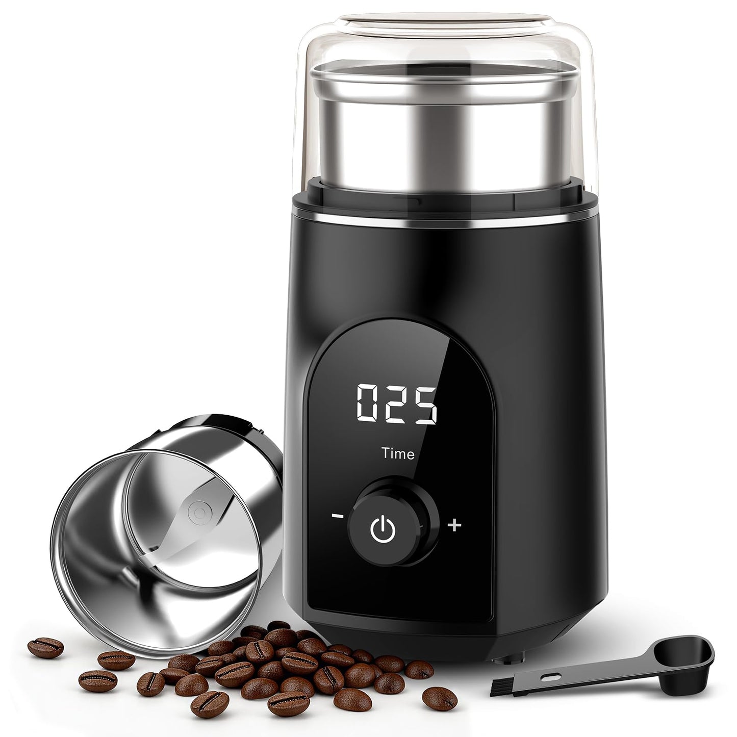 Spacefrog Coffee Bean Grinder Electric with Adjustable Coarse to Fine Smart Digital Timer, Low Noise, Sealed Safety Lid, 1x Removable Stainless Steel Cup & Anti-Vibration Base for Bean, Spices, Herbs