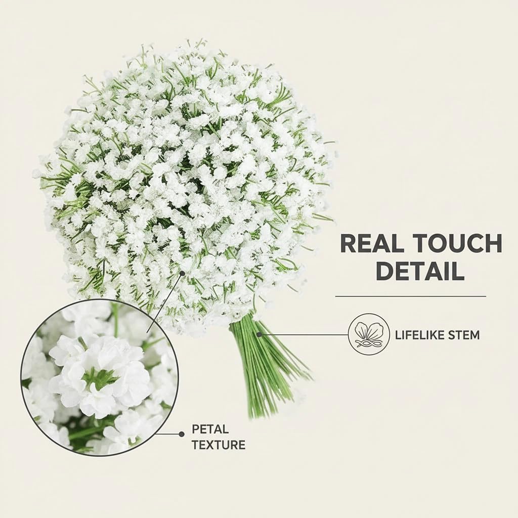 FelineFold 120 Pcs Babys Breath Artificial Flowers, White Babys Breath Flowers Artificial Bulk Real Touch Flowers for Wedding Party Home Garden Decoration