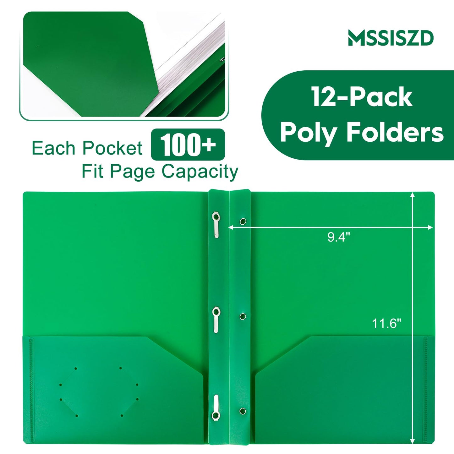 EEHZTSI 24-Pack Plastic Folders with Pockets and Prongs,2-Pocket Folders with 3 Fasteners, Holds 8-1/2" x 11" Paper for School/Office/Home, Green