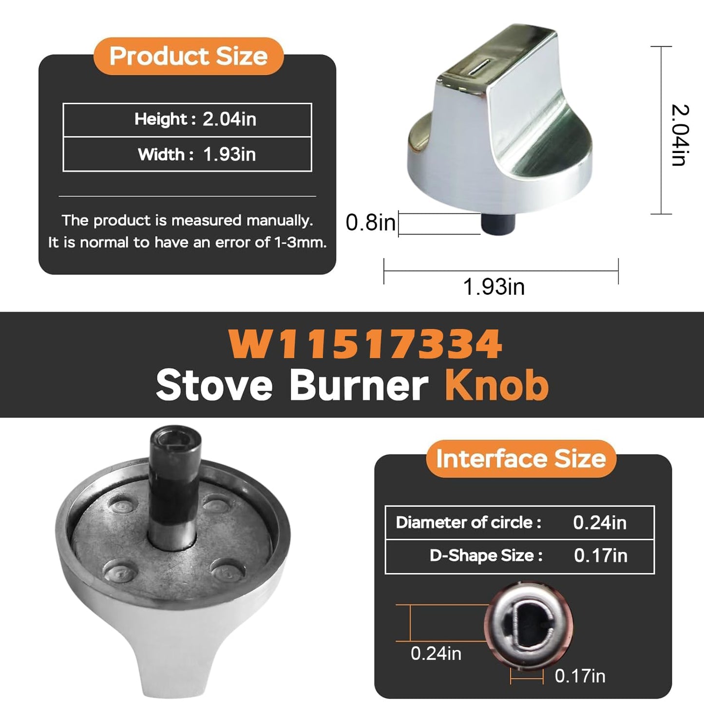 Upgraded (4Pcs) W11517334 Gas Stove Knobs Replacements for Whirlpool WEG515S0FS0/WEG515S0LZ1/WEG745H0FS1 Gas Ranges Oven Burner Cooktop Control Knobs, Replace Part W10850033/W11122869/W11458842