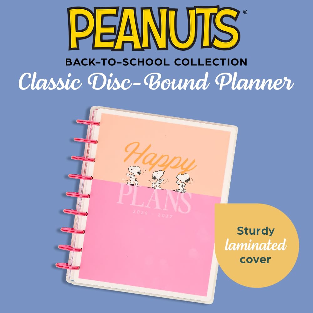 Happy Planner Peanuts Disc-Bound 12-Month Academic Planner, July 2026–June 2027 Planner, 12 Dividers, Classic Size, 7" x 9.25", Dashboard Layout