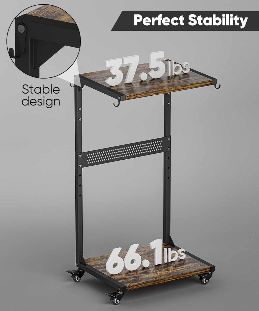 Ansionsol Computer Tower Stand, 2-Tier Metal CPU Holder Stand with Lockable Wheels, Adjustable Under Desk PC Shelf, Mobile Rolling Computer Cart for Home, Office, Gamers and Students, Black