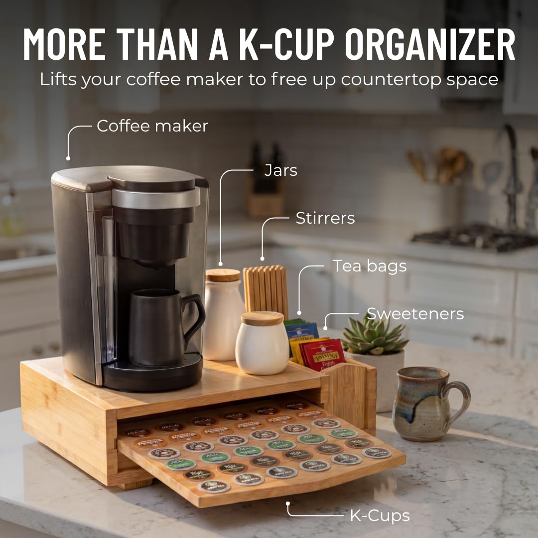 HAUSFY Bamboo Keurig Pod Organizer, Large 36 K-Cup Capacity Aesthetic Under Machine K-Cup Storage Drawer, Space-Saving Keurig Stand With Storage, 3 Slots For Tea & Spoons, Fits Keurig Brewers