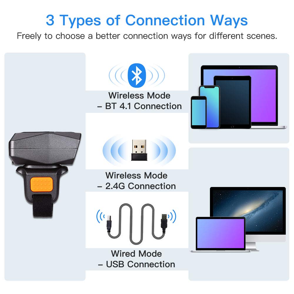 Eyoyo 1D Bluetooth Wearable Ring Barcode Scanner, Portable Bar Code Reader with 2.4GHz Wireless & USB Wired Connection Compatible with iPhone iPad Android iOS, for Book, Warehouse Inventory, Express
