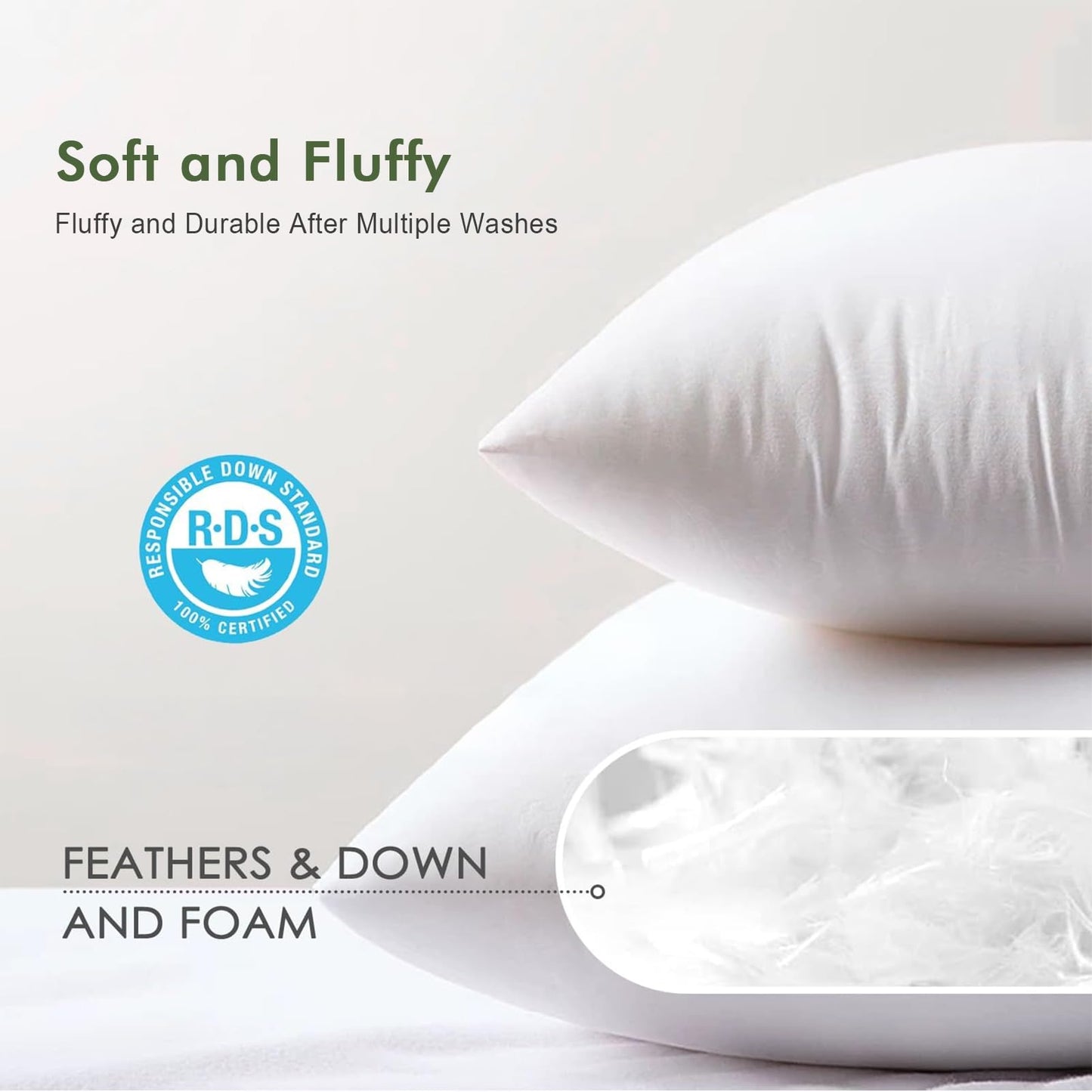TOPGREEN Feather Down Throw Pillow Inserts 20 x 20, Set of 2, 100% Organic Cotton Shell, Soft Decorative Square Pillows Insert for Living Room Sofa, Couch, or Bed (White)