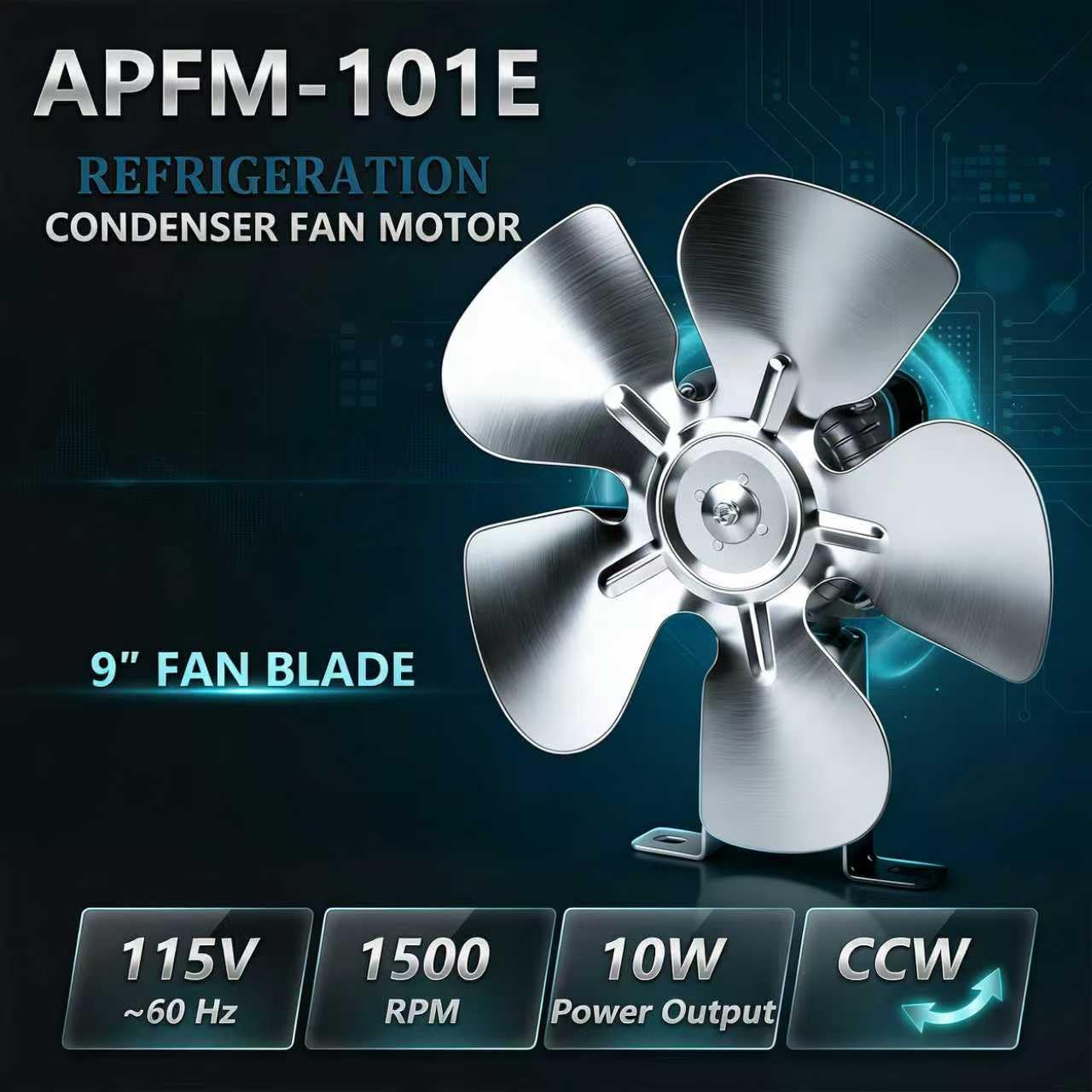 APFM-101E YZF10-20 10W Refrigerator Condenser Fan Motor 115V 60Hz 1500RPM, Universal Refrigeration Cooling Replacement Motor with 9 Inch Aluminum Fan Blade & Mounting Base