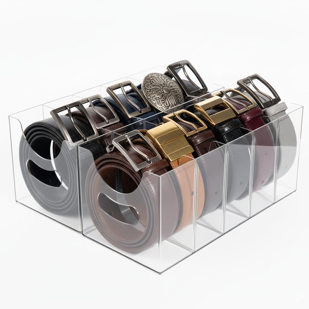 Hualinsyi Belt Organizer,Acrylic Belt Organizer for Closet with Removable Dividers 5 Compartments & Handles Drawer organization and storage for Purse,underwear, Socks,and Ties (2pack)