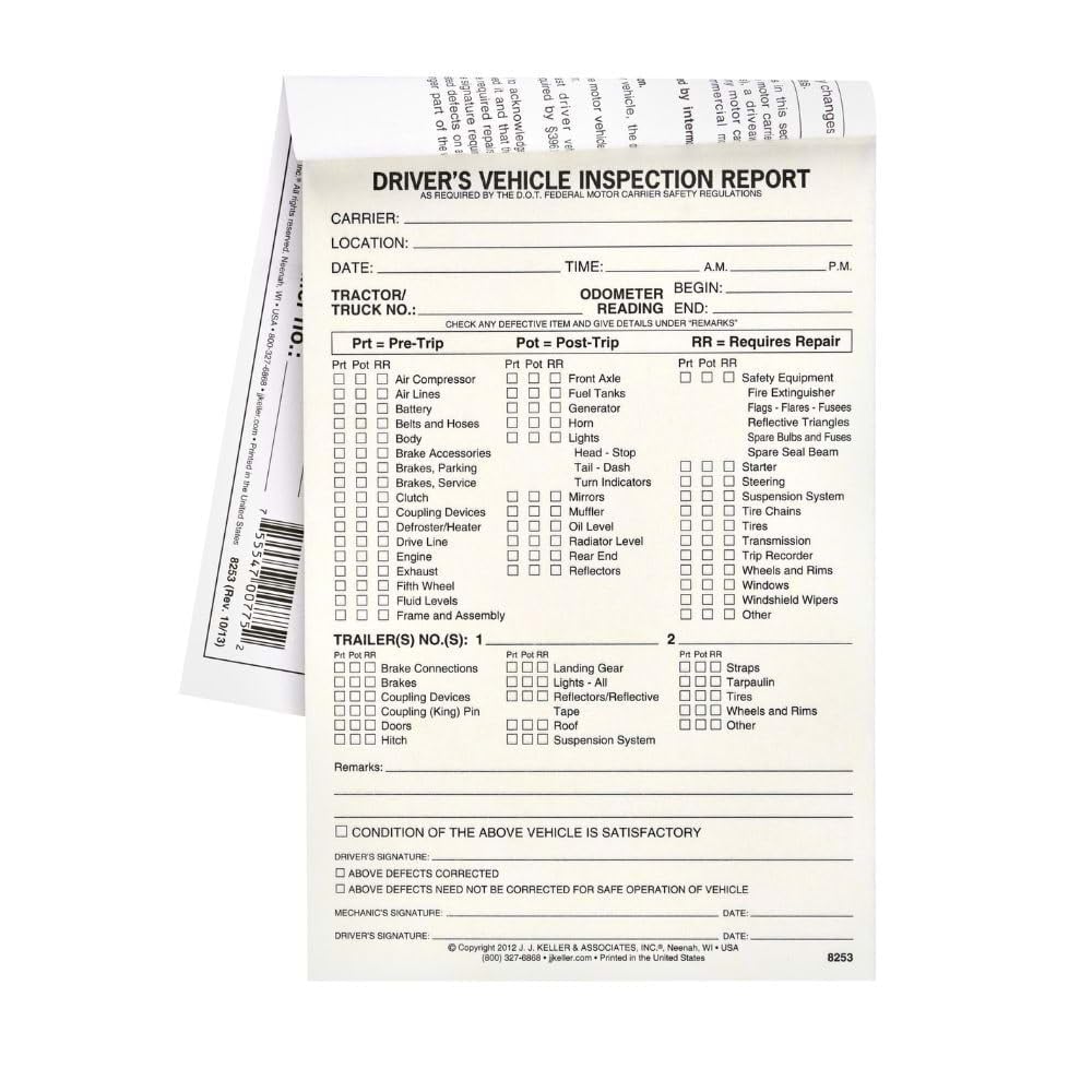 Detailed Driver's Vehicle Inspection Report (Pre- & Post-Trip) 10-pk. - Book Format with 31 Sets, 2-Ply Carbonless, 5.5" x 8.5", Meet FMCSR Requirements, J. J. Keller & Associates, Inc.