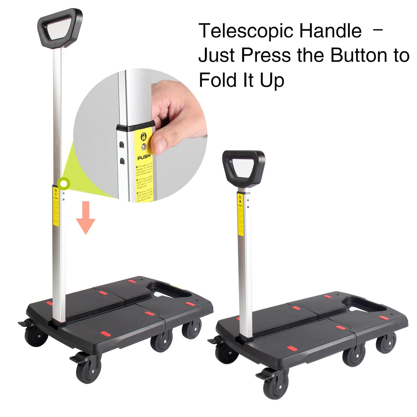 Grenybold Folding Hand Truck with 3-Inch 6 Brake Wheels, 220LBS Capacity Luggage Cart, 21x13 Inch Compact Collapsible Dolly with Bungee Hooks & Strap for Home Travel Grocery Moving