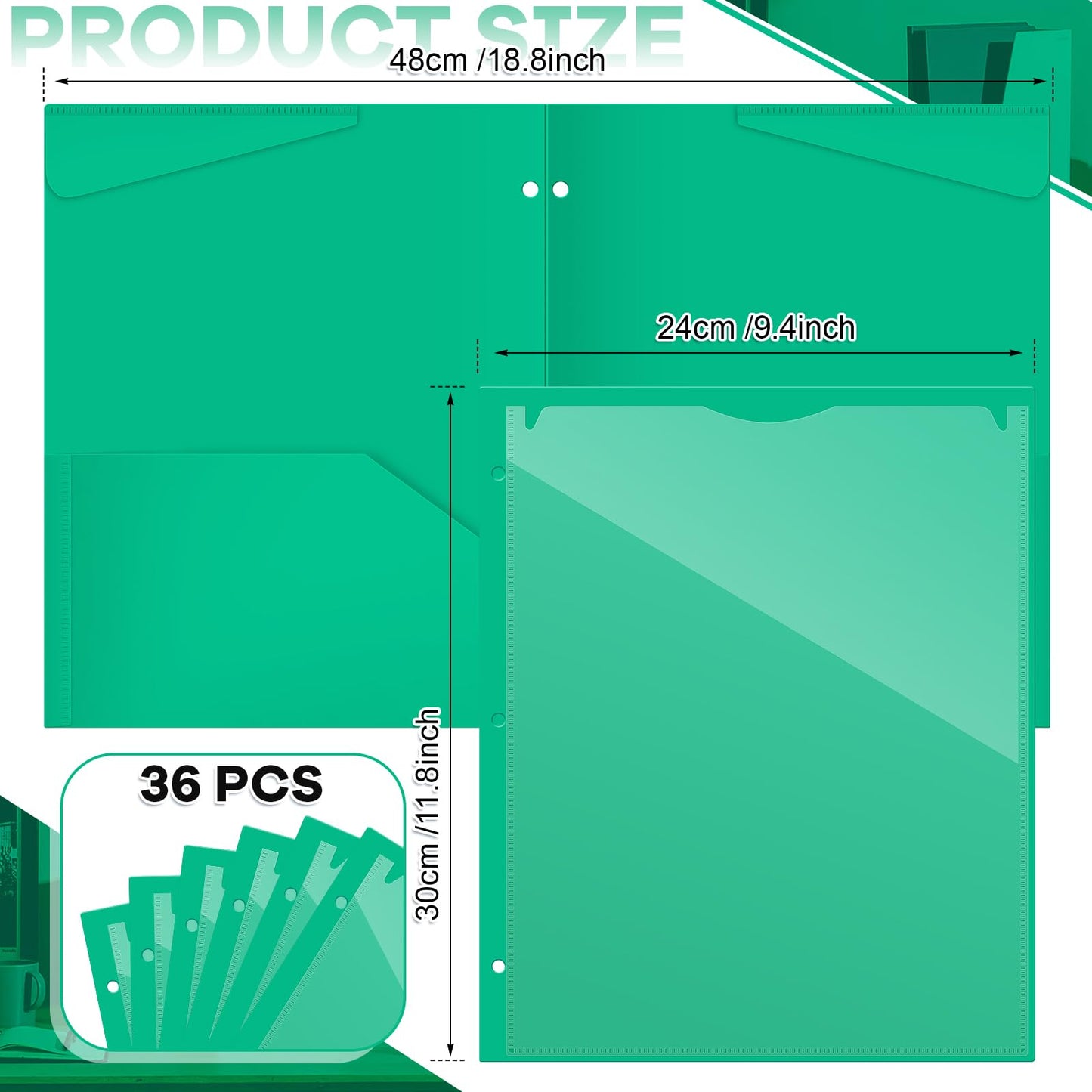 Henoyso 36 Pcs Green Plastic Folders with 2 Pockets and Clear Front Pocket 3 Holes for 3-Ring Binder Durable Poly Folder for School, Office & Home Organization
