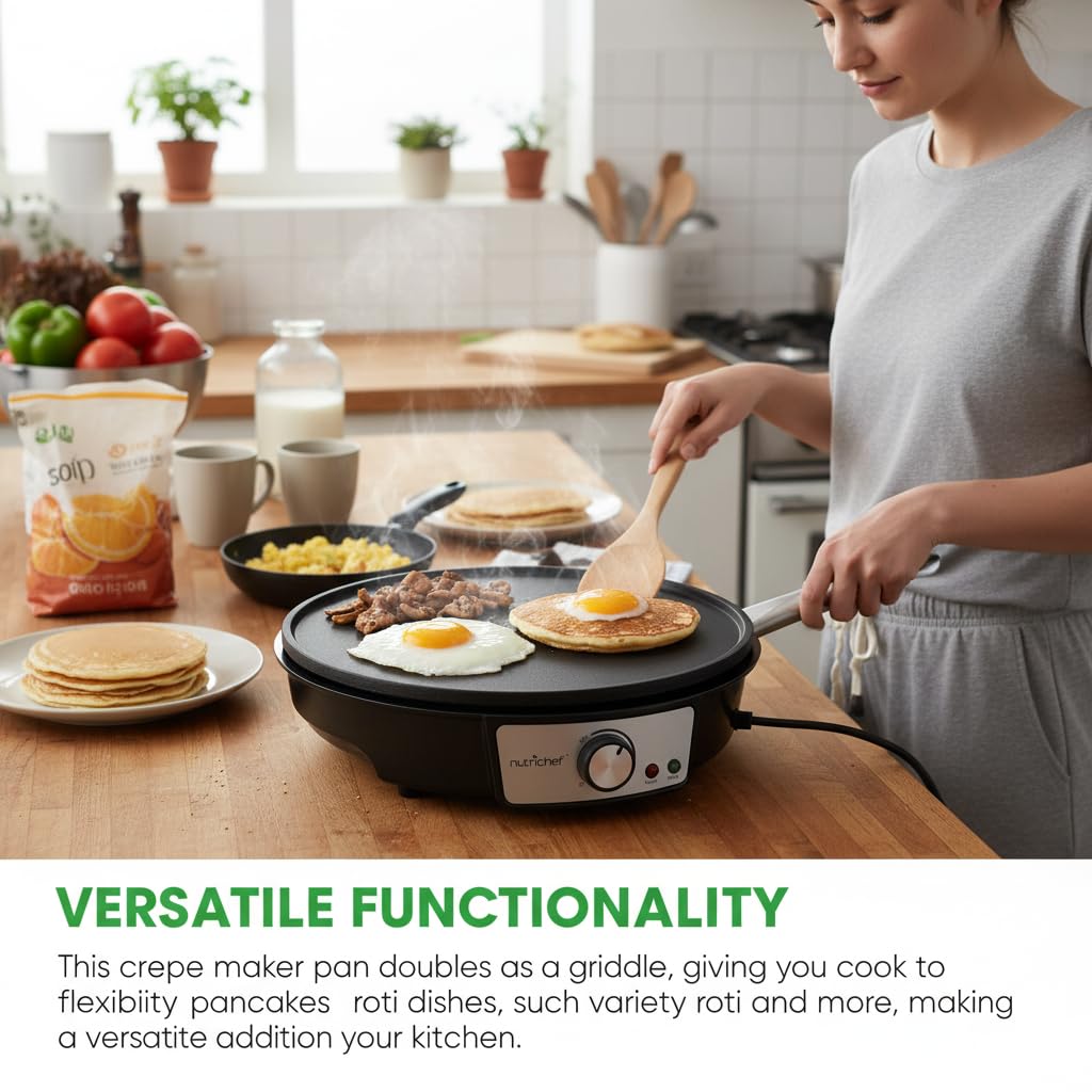 Nutrichef Electric Crepe Maker Pan & Griddle | 12 Inch Nonstick Cooktop | LED Indicators & Adjustable Temperature Control | Includes Spatula, Batter Spreader | Cooks Crepes, Roti & Pancakes
