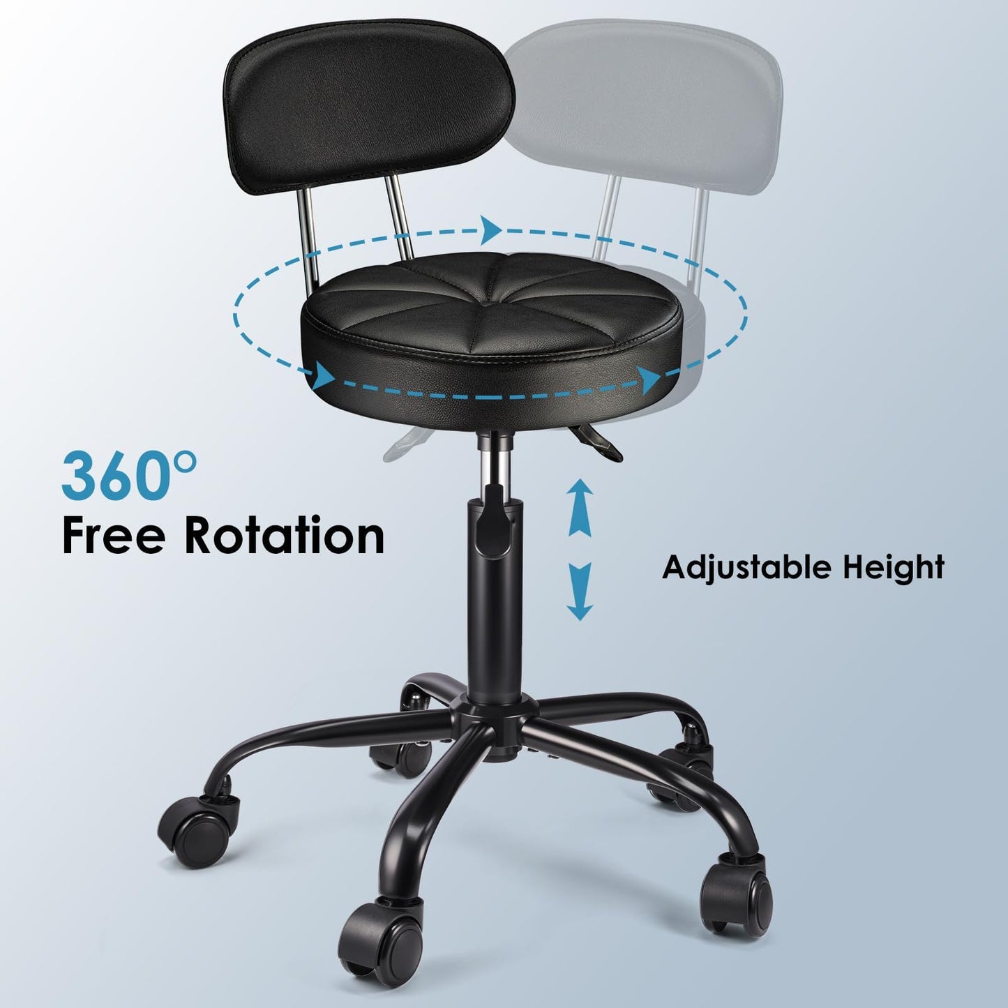 FNZIR PU Leather Rolling Stool with Back Support Height Adjustable Swivel Stool Chair with Wheels Drafting Chair for Spa Slaon Massage Stable Base Foot Black