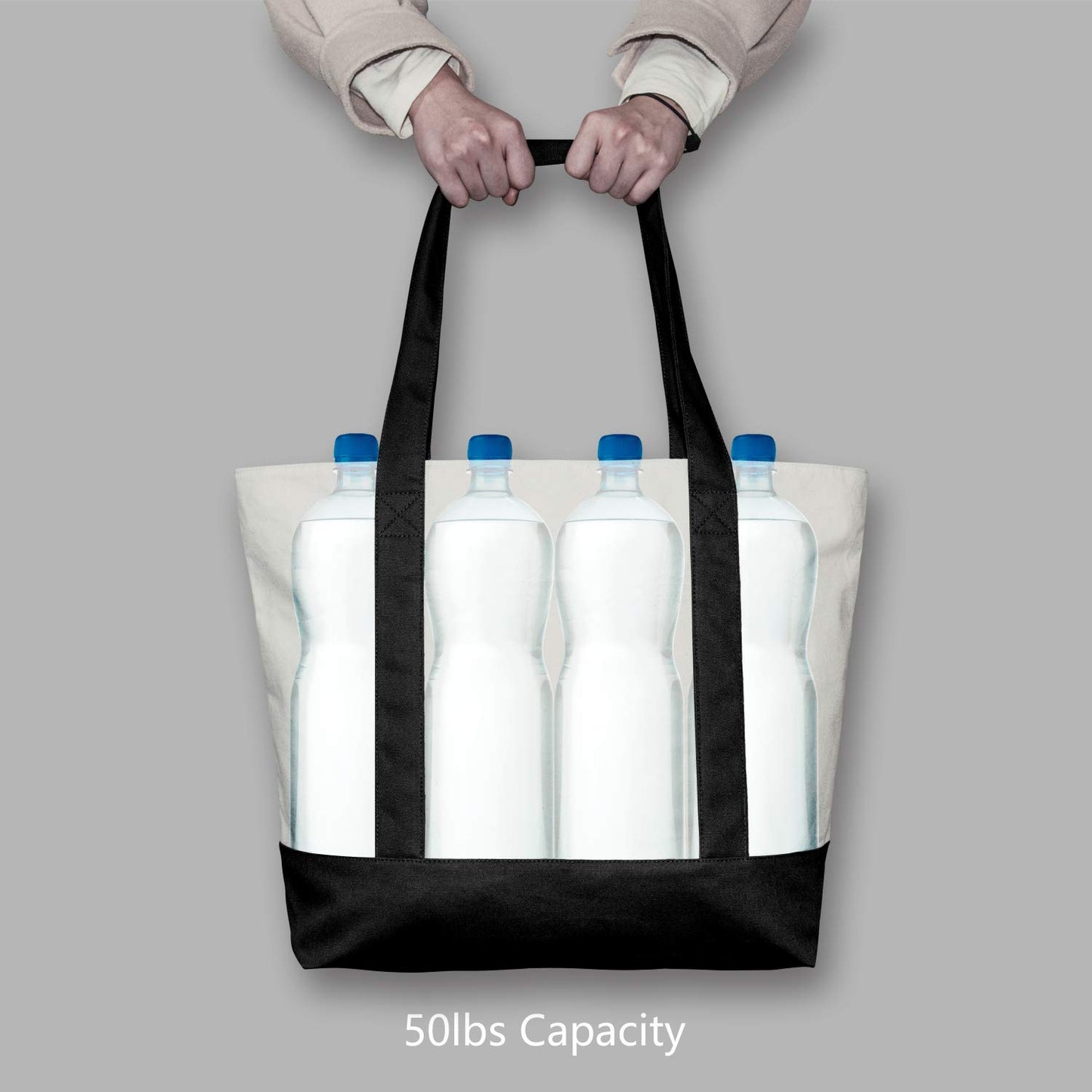 TOPDesign 3-Pack Canvas Tote Bags with an External Pocket, Reusable Grocery Shopping Bags, Top Zipper Closure, Daily Essentials (Black/Natural)