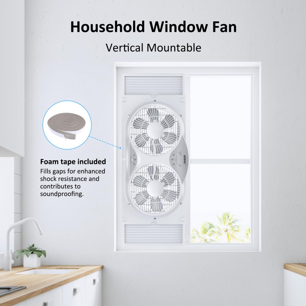 shinic Window Fan with Reversible Airflow, Twin 9" Blades, Full Remote Control, 3 Functions-3 Speeds, Bathroom Kitchen Window Exhaust Fan, Width Adjustable (From 23.8" to 37") ETL Certified