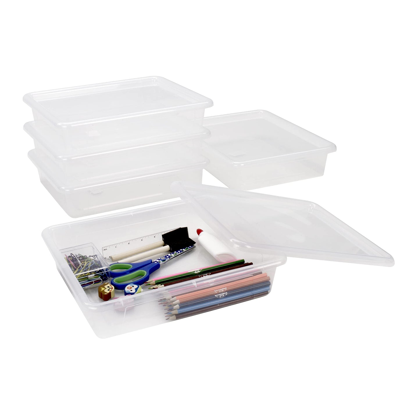 Storex Letter Size Deep Storage Tray – Organizer Bin with Non-Snap Lid for Classroom, Office and Home, Translucent, 5-Pack (62566A05C), 10 x 13 x 3 Inches