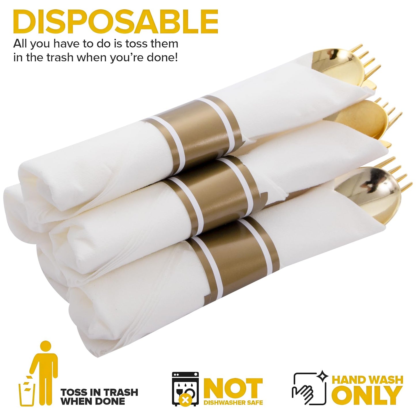 Joyido 400PCS Pre Rolled Gold Plastic Silverware Sets - Heavy Duty Gold Cutlery - Include 100 Pack Wrapped Disposable Utensils with Napkins for Parties, Dinners & Weddings