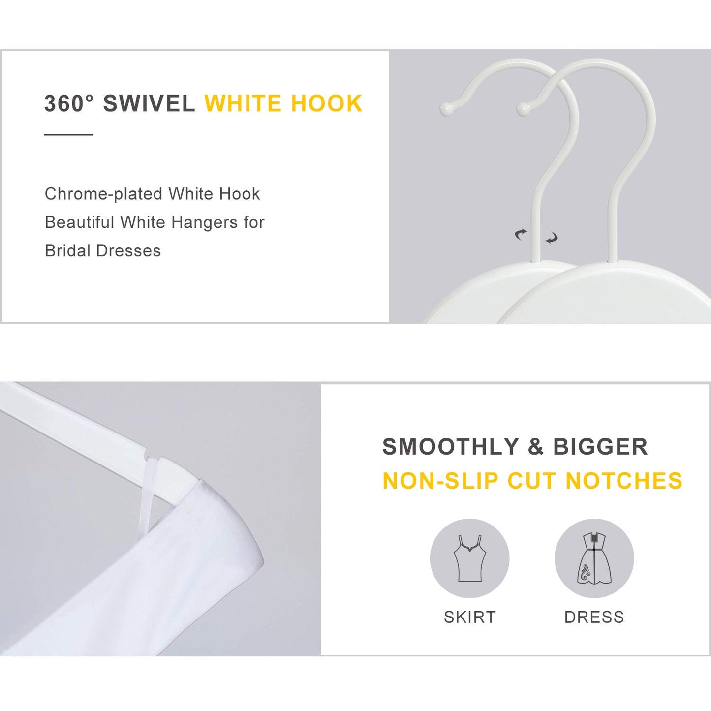 TOPIA HANGER Bride Hanger for Wedding Dress, Premium White Wooden Hangers, 360° Swivel White Hook, Smooth Finish, Extra Smoothly Cut Notches, 10 Pack-CT06W