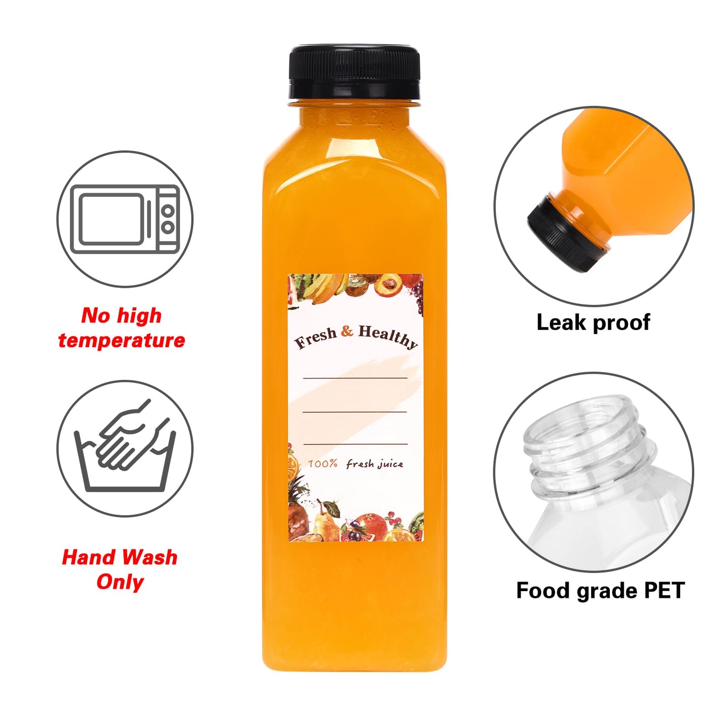 Moretoes 36pcs 16oz Juice Bottles, Plastic Bottles with Lids, Reusable Clear Containers for Juice, Smoothies, Cola, Water and Other Beverages