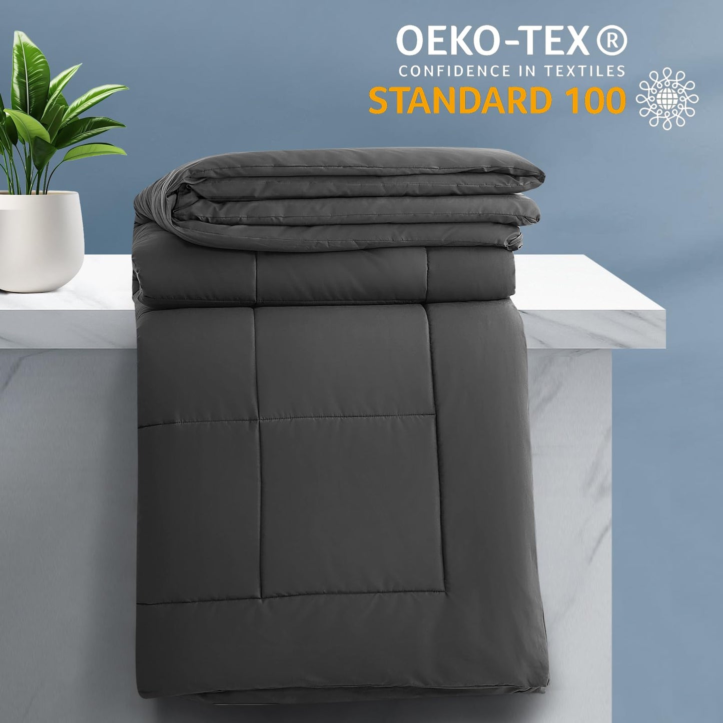 KELTARO Oversized King Plus Comforter 128''x120'' - Extra Large Cooling All Seasons Down Alternative Lightweight Quilted Duvet Insert with Corner Tabs - Dark Grey