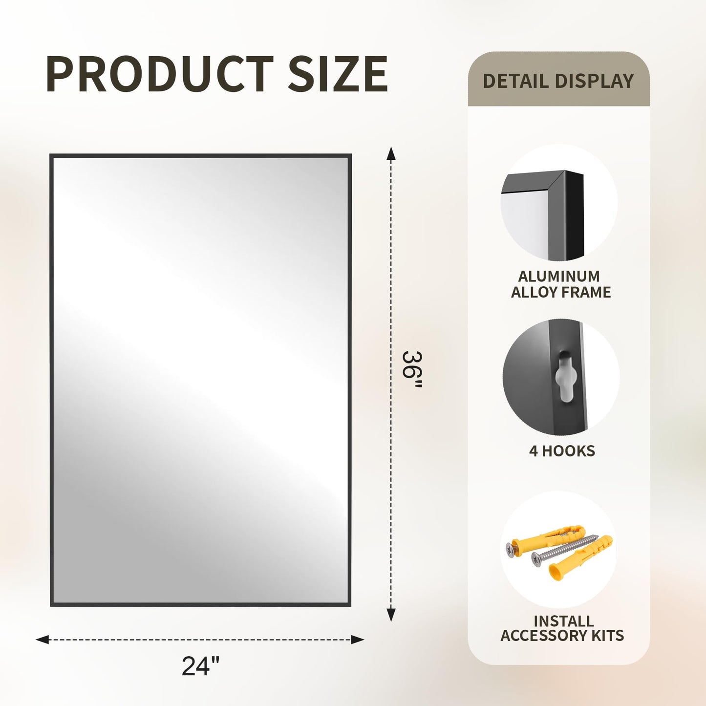FICTOR Bathroom Vanity Mirror-Black, 36" x 24", Shatterproof & Anti-Rust, Wall Mount Rectangle Mirrors with Metal Frame for Over Sink, Bathroom, Bedroom, Living Room,Entryway