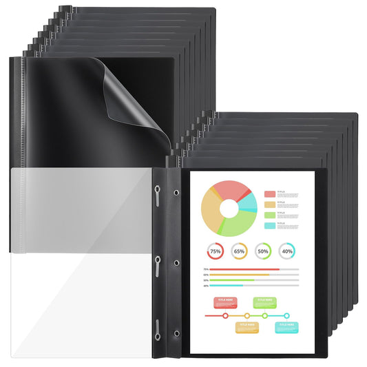 50 Pack Plastic Report Covers with 3 Prong Fasteners Clear Front Resume Portfolio Folder 3 Metal Prongs Presentation Folders for Office School (Black)