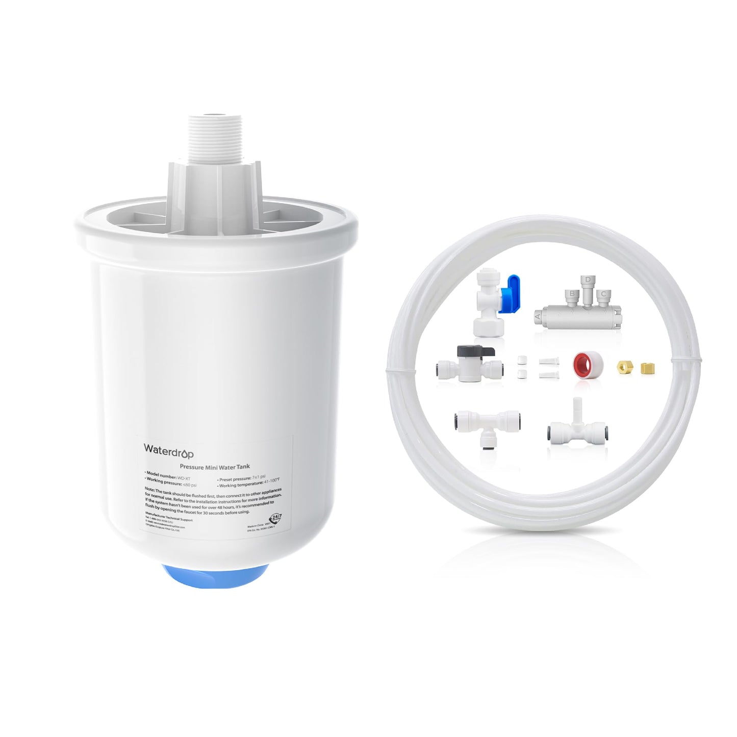 Waterdrop XT Small Water Pressure Tank, RO Pressure Tank for Waterdrop X/G3/G5 Series RO System to Connect the Refrigerator or Ice Maker, Fits 𝟑/𝟖" Water Tubing, BPA-Free, Built-in Diverter Valve