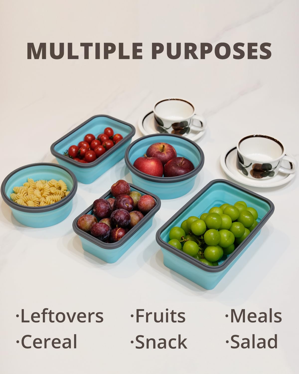 Lunememo 16 Pack Collapsible Silicone Food Storage Containers with Lids, Freezer & Dishwasher Safe, Foldable Lunch Box for Camper, Leftovers, Snacks, Meals, Blue