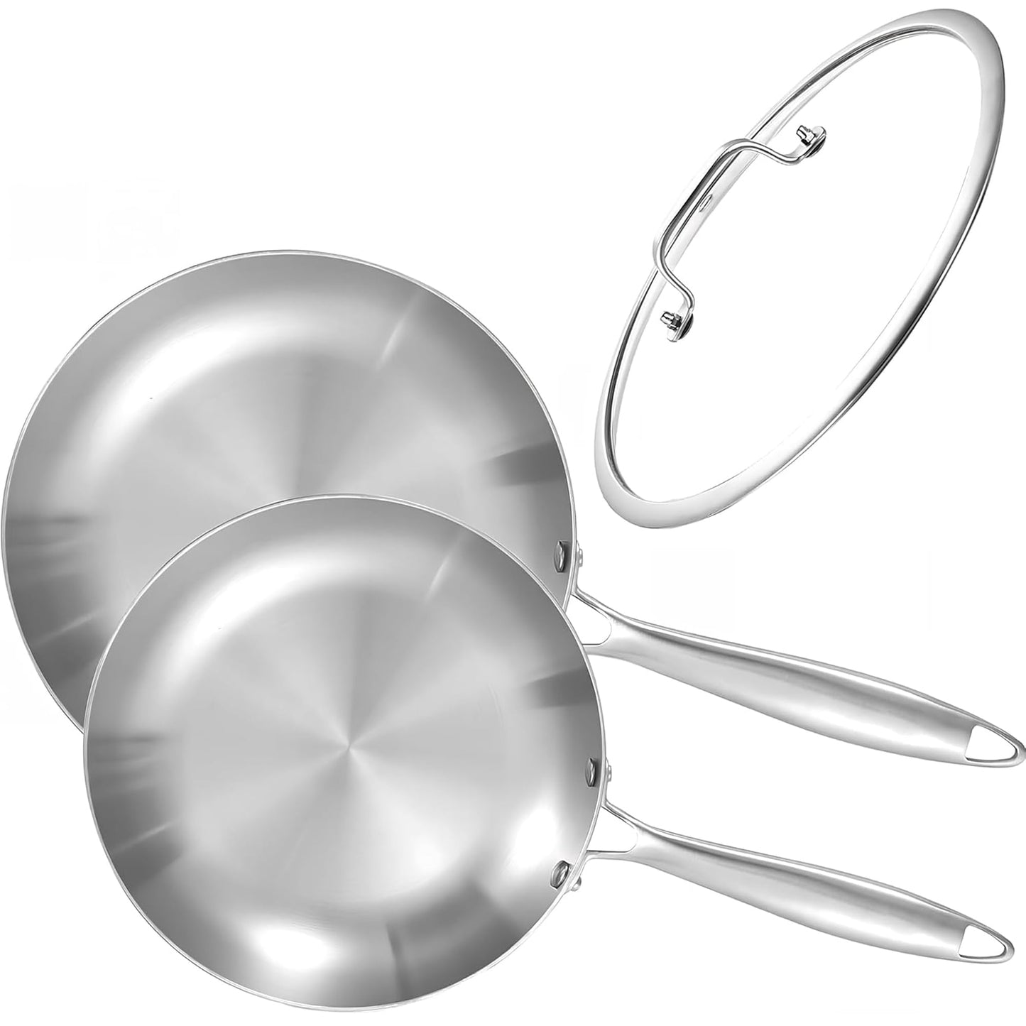 LOLYKITCH 8.5-10 Inch Tri-ply Stainless Steel Frying Pan Set with Lid,Skillets,Induction Cookware,Dishwasher and Oven Safe