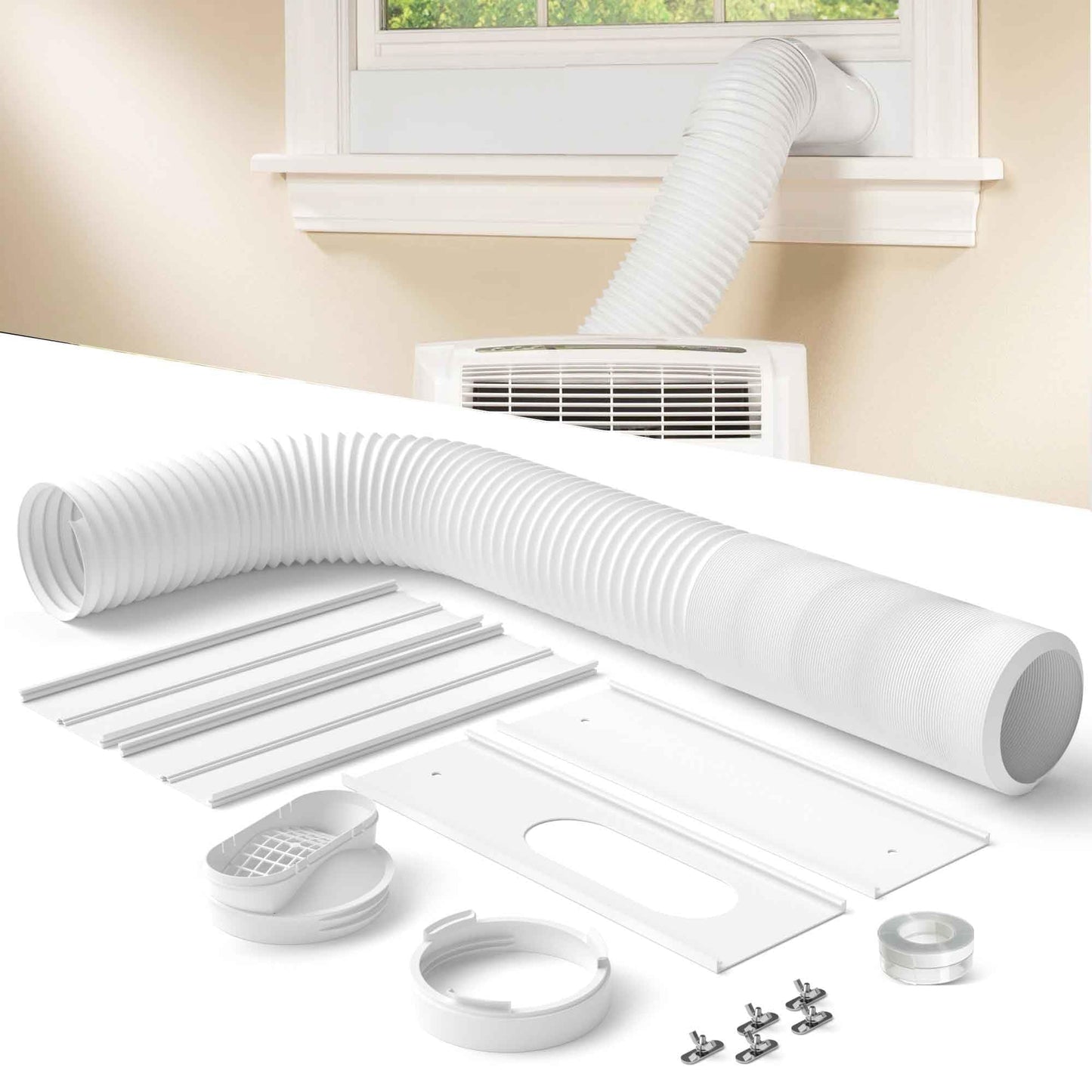Portable Air Conditioner Window Vent Kit with 82" Length, 5.9" Diameter Exhaust Hose, 13Pcs Universal PVC AC Window Slide Seal with 4 Panel(17" to 63") for Horizontal&Vertical
