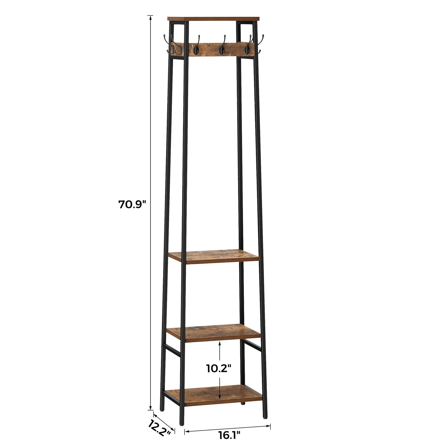 Cerlyunzan Coat Rack Freestanding, Coat Stand with 3 Shelves and 7 Hooks, Hall Tree Free Standing, Clothes Rack Stand Organizer, Industrial Style, Rustic Brown and Black