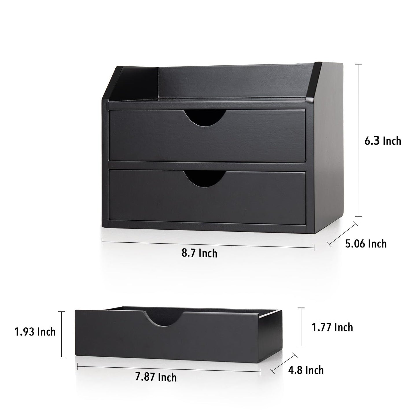 ROSE BLOOM Black Wood Desk Organizer with 2 Drawer, Mini Cute Cabinet with Storage Shelf for Tabletop, Small Desktop Box Organizer for Cosmetic Office Supplies