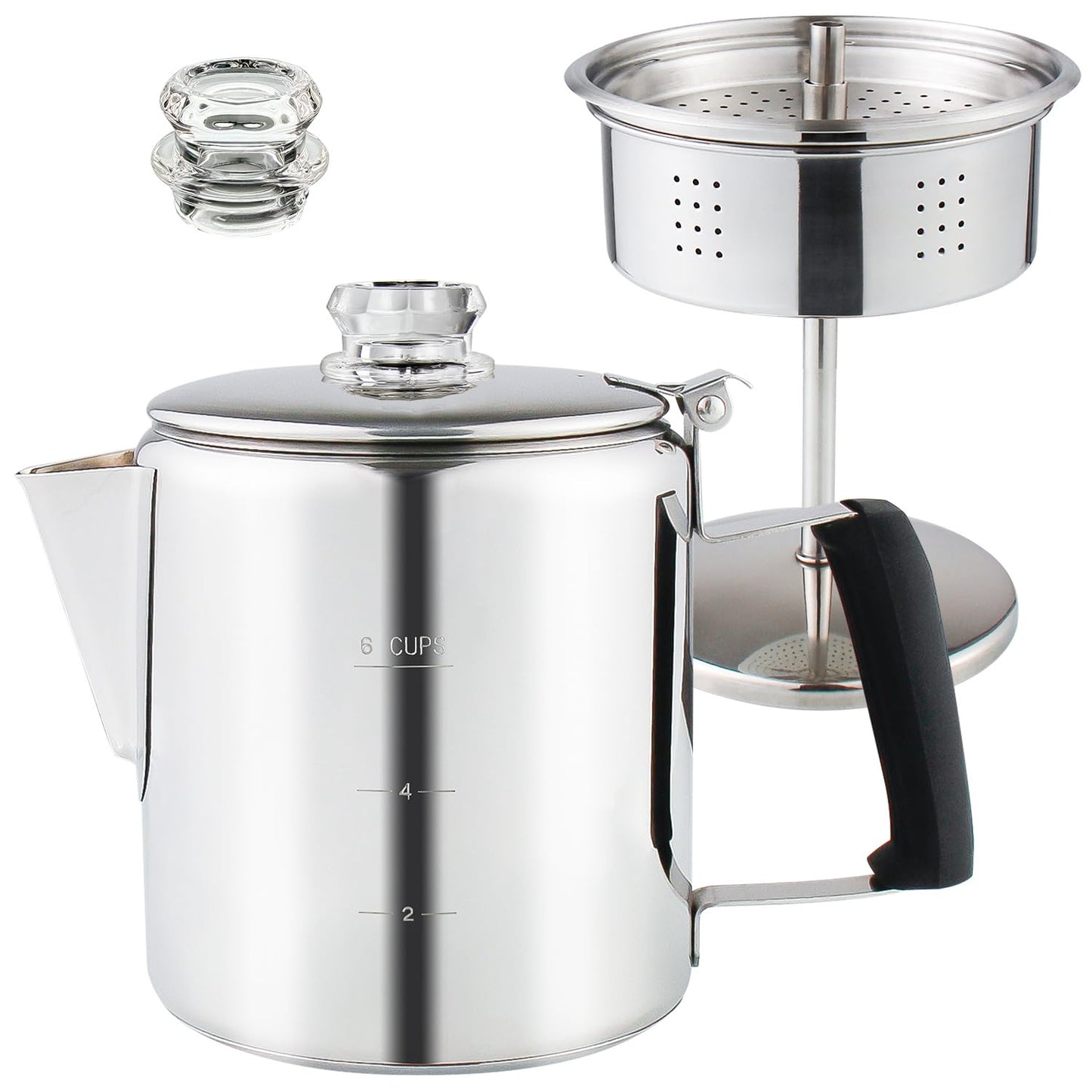 Multi Use Percolator Coffee Pot Stainless Steel Stove Top Coffee Maker with Two Tough Borosilicate Glass Knob Silica Handle Camping Coffee Pot Using on Campfire Stove & Induction Cooker Silver 6 Cup