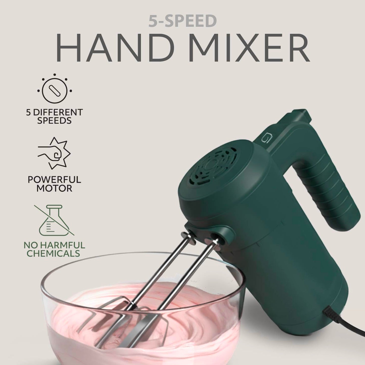 WILLOW Eco Series Electric Hand Mixer, 5 Speed Ultra Power Handheld Mixer with Stainless Steel Whisks, Beaters & Dough Hooks + Eject Button, 350W Kitchen Mixer with Snap-On Storage Case - GREEN