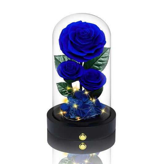 Vryblos 3 Preserved Flowers Roses in Glass Dome for Beauty and The Beast Decor Real Rosas Eternas for Women Mom Birthday,Forever Blue Roses for Delivery,Christmas for Wife Girlfriend Her