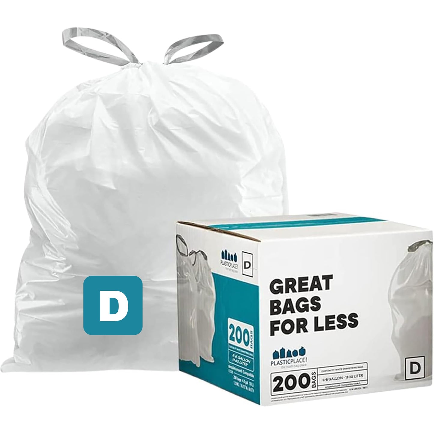 Plasticplace Trash Bags, Compatible with simplehuman Code D (200 Count) White Drawstring Garbage Liners 5.3 Gallon / 20 Liter, 15.75" x 28"