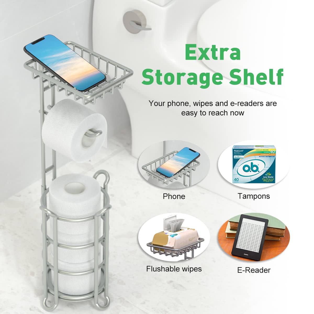 Toilet Paper Holder Stand Bathroom Tissue Dispenser Holders Rack Free Standing with Extra Shelf Storage Mega Rolls/Phone/Wipe - Silver