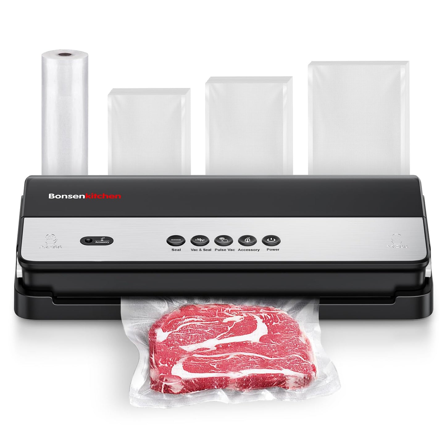 Bonsenkitchen Vacuum Sealer, Multi-Functional Food Sealer with 1 Roll Bag+ 50 Bags, Fast-Compact Design | Bag Storage | Built-in Cutter, External Vacuum System & Accessory Tube, Silver