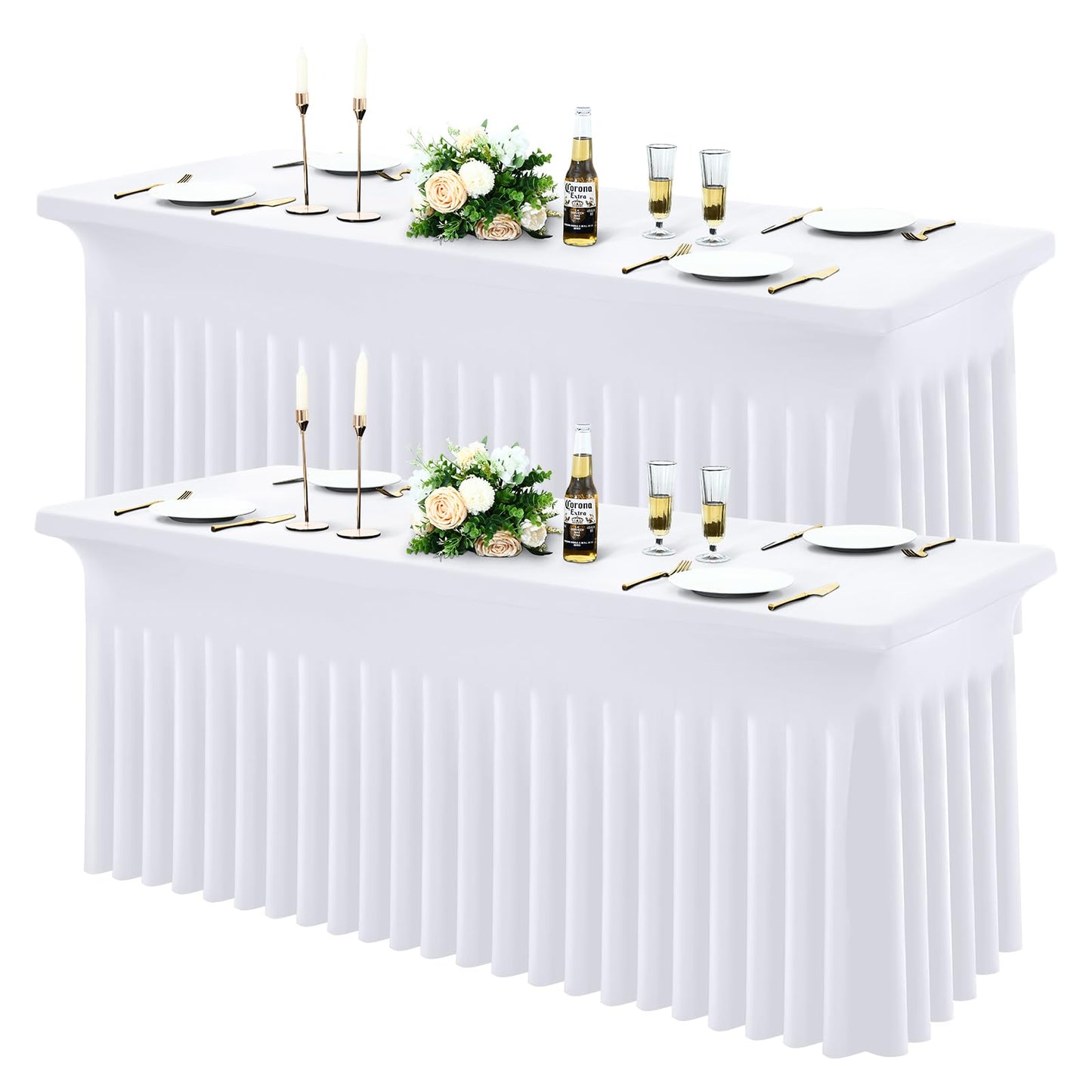 Moosfor Spandex Fitted 6FT Rectangle Tablecloth 2 Pack, Elastic Stretch Wrinkle Resistant Table Skirt, Washable Reusable Table Cover for Wedding, Banquet, Party, Events (White, 72Lx30Wx30H Inch)