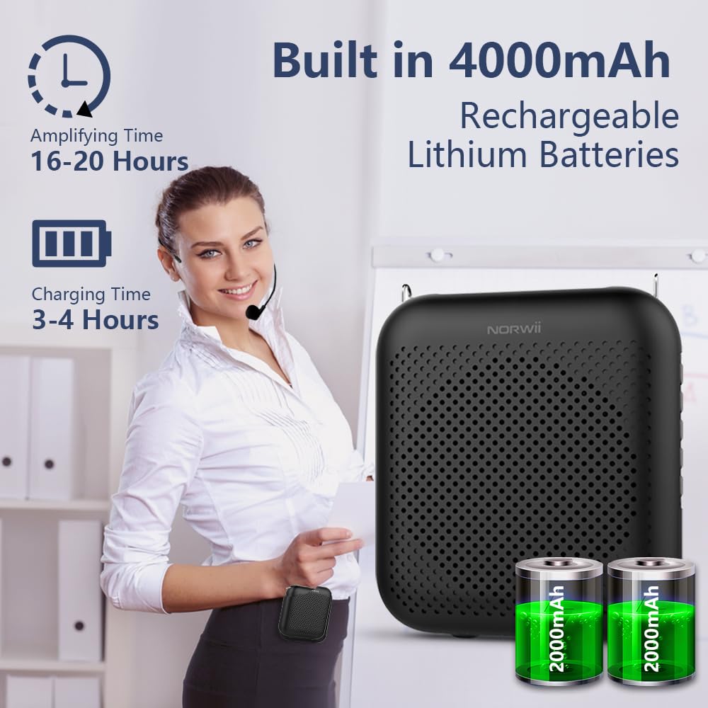 Voice Amplifier Wireless Microphone, 4000mAh Portable Rechargeable Bluetooth Mini Personal Speaker with 2 Headset Microphones for Teachers, Classroom, Meetings and Tour, Black