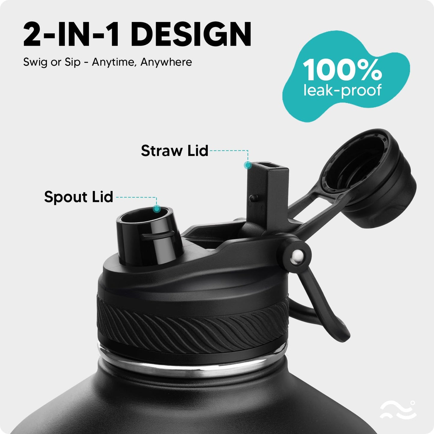 Swigina 1 Gallon Insulated Water Bottle with Silicone Boot (48hrs Cold/24hrs Hot) - DIY Stickers, Leakproof, BPA Free, 128 oz [2-IN-1 LID]