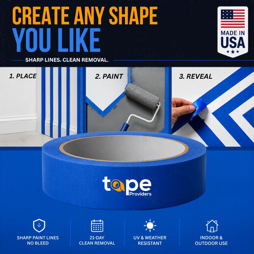 Made in USA Blue Painter’s Tape - 2 inch x 60 yds. (6 Pack) Thick & Wide Masking Tape for Safe Wall Painting, Building, Remodeling, Labeling, Edge Finishing