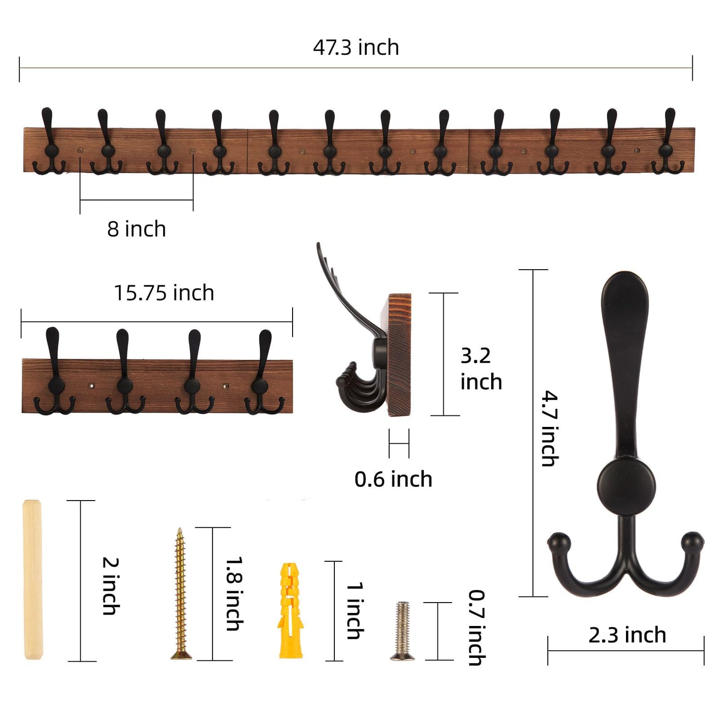 Homagic Wall Mount Coat Rack 47.3'' Burnt Brown Hanger - Rustic Towel Rack for Bathroom, Living Room - Hooks for Coats, Hats, Clothes