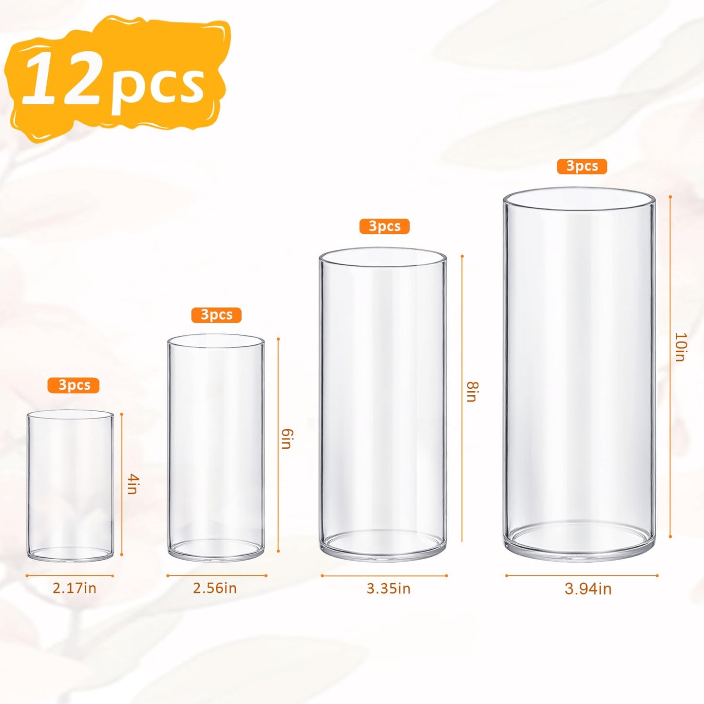 12 Pack Glass Cylinder Vases 4,6,8,10 Inch Tall Clear Flower Vase Hurricane Floating Candle Holder for Table Centerpiece Wedding Home Decor.