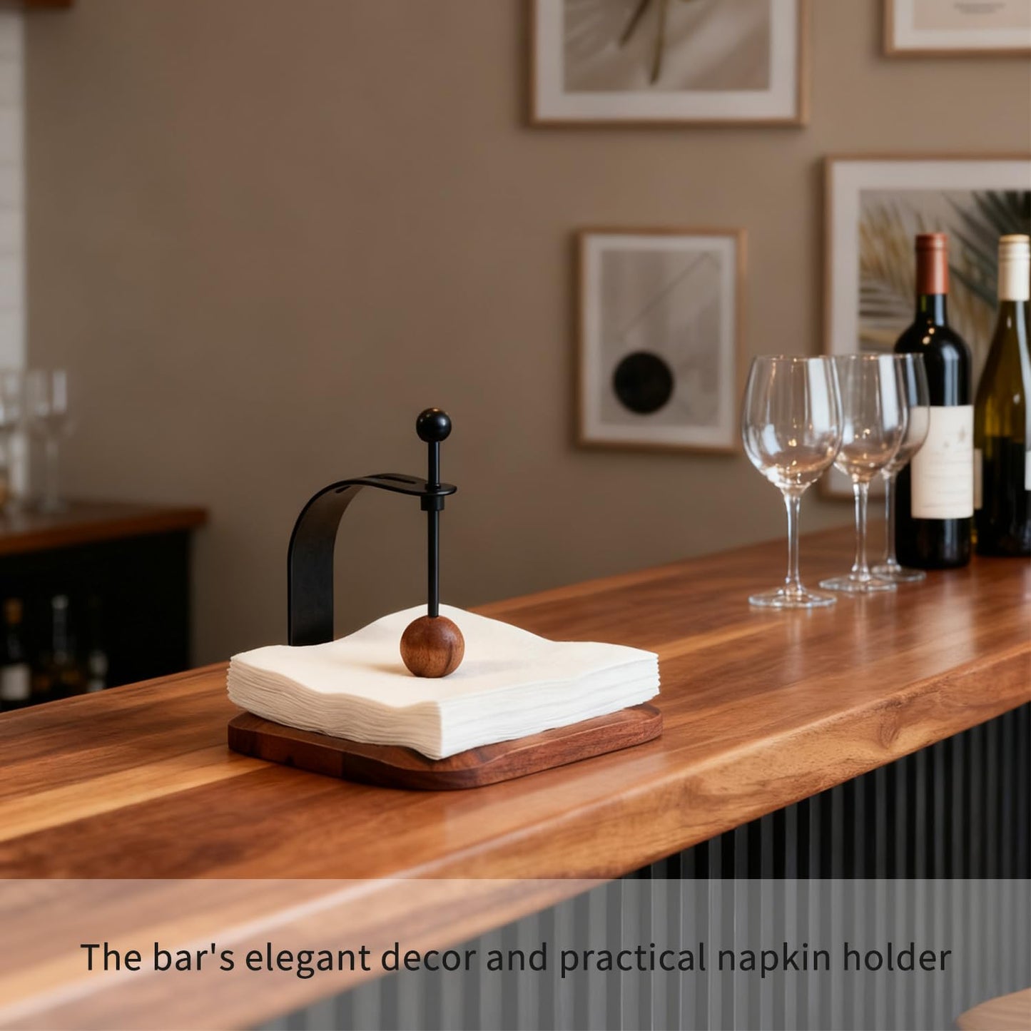 Celestree Black Walnut Wooden Napkin Holder for Table - Square Tabletop Windproof Cocktail Napkin with Metal Accents, Fits 5-7 Inch Napkins for Kitchen,Office,Restaurant, Hotel,Cafe, Bar,Outdoor
