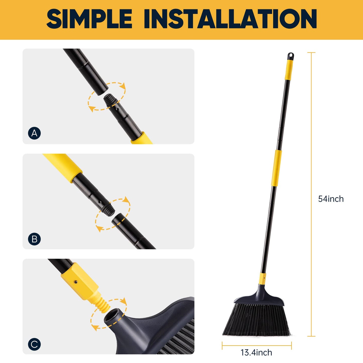 Yocada Commercial Broom Outdoor Indoor Commercial 3 PCS for Courtyard Garage Lobby Mall Market Floor Home Kitchen Room Office Pet Hair Rubbish 54Inch